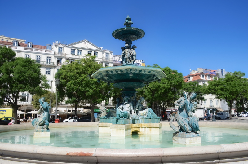 One of the monumental bronze fountains (Fontes Monumentais do Rossio) located in Rossio Square (Praca de Dom Pedro IV) in Lisbon